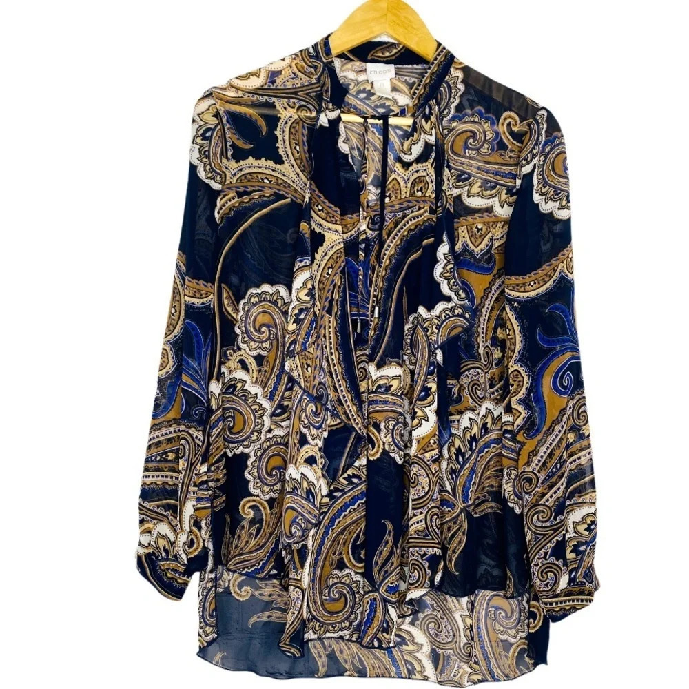 Chico's Blue Brown Paisley Expressions Drama Top Blouse Size Small